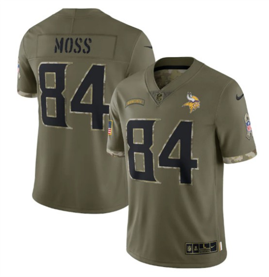 Men's Minnesota Vikings #84 Randy Moss 2022 Olive Salute To Service Limited Stitched Jersey